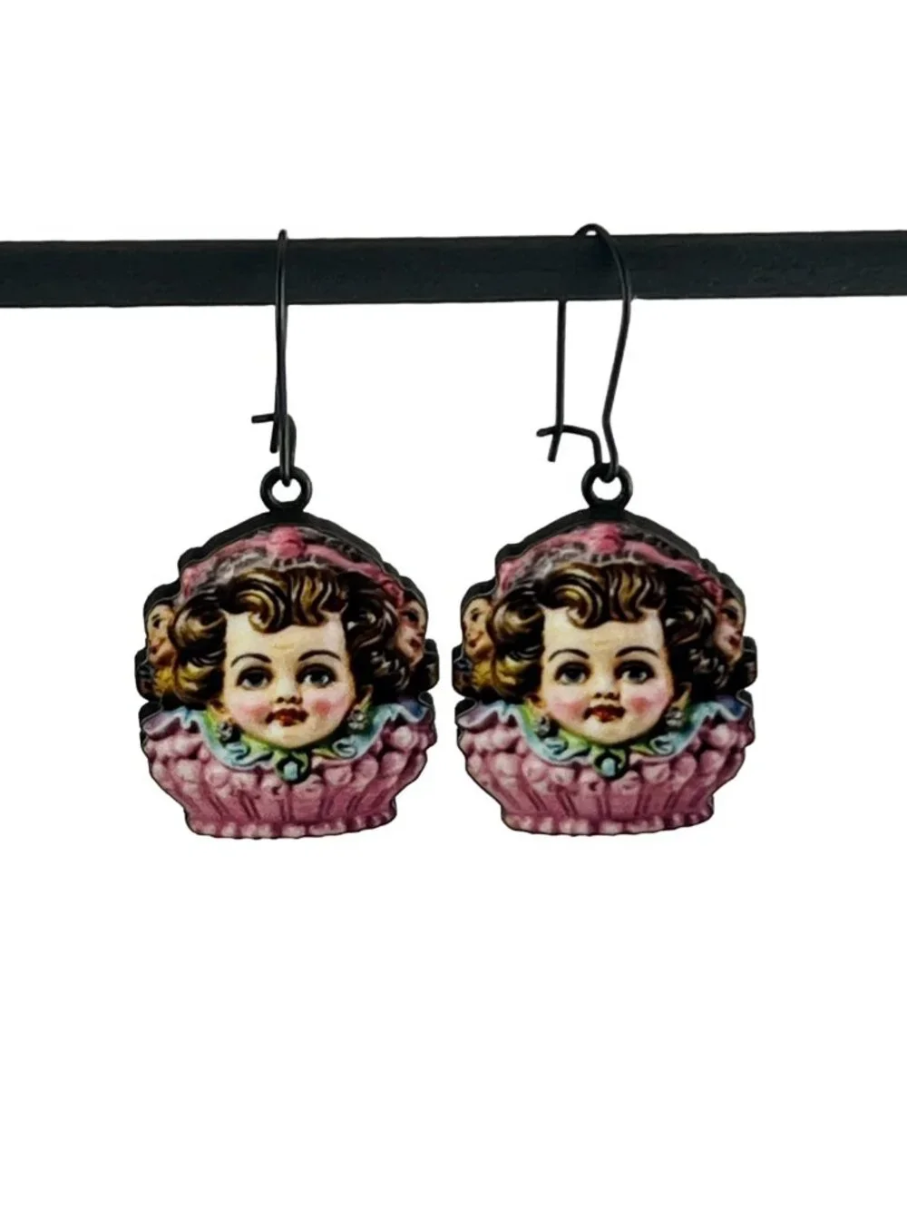 Vintage Inspired Victorian Cherub Doll Earrings — Black Kidney Wires